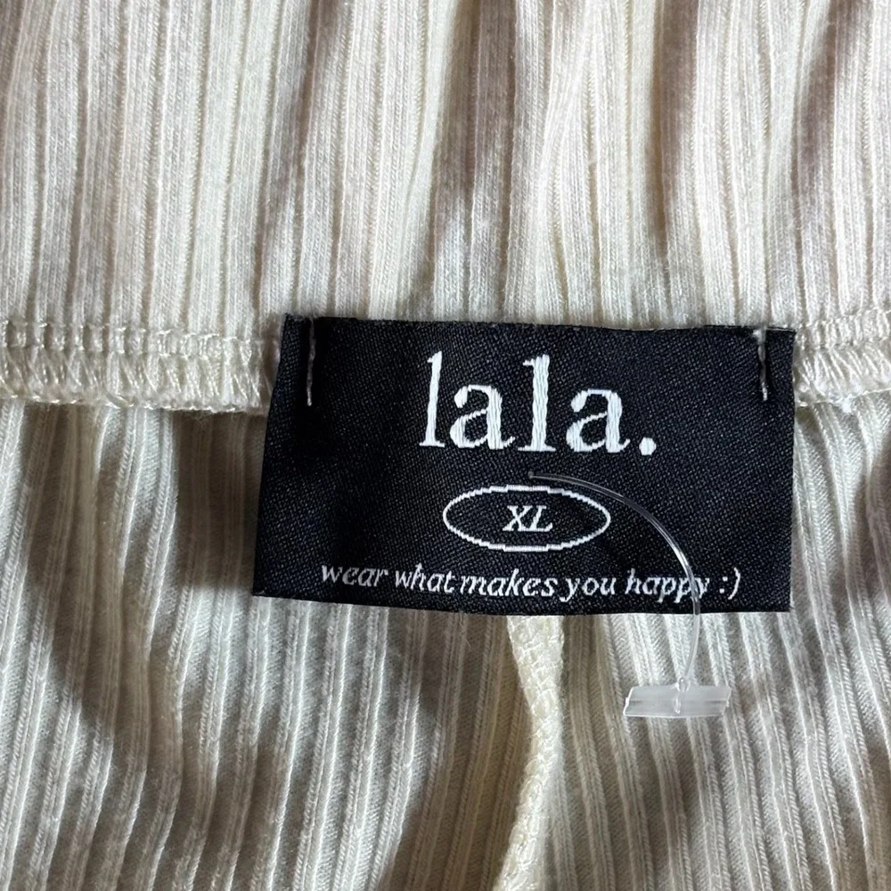 Lala Wide Leg Ribbed Knit Pants Womens XL Cream Beige Elastic Waist Casual